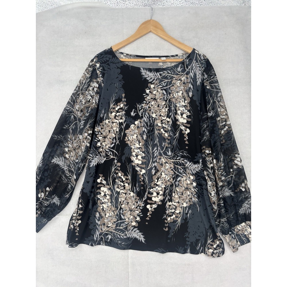 Susan Graver Black Blouse Floral/Botanical Print Sheer Chiffon Long Sleeves XL